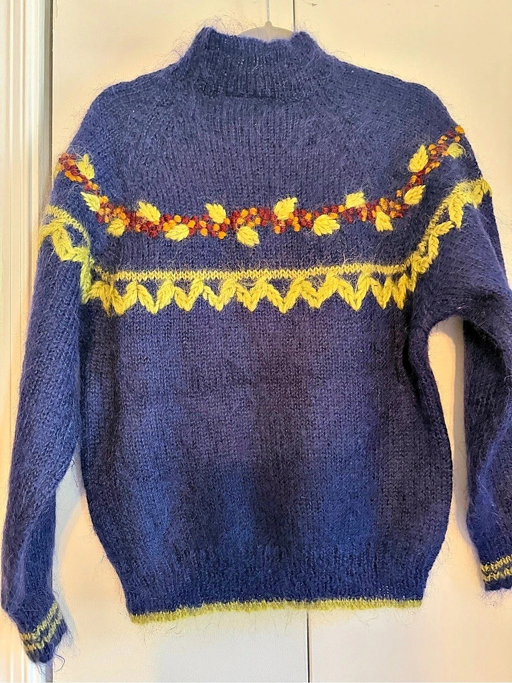 Crescendo Embroidered Wool Mohair Sweater in Blue & Yellow Medium